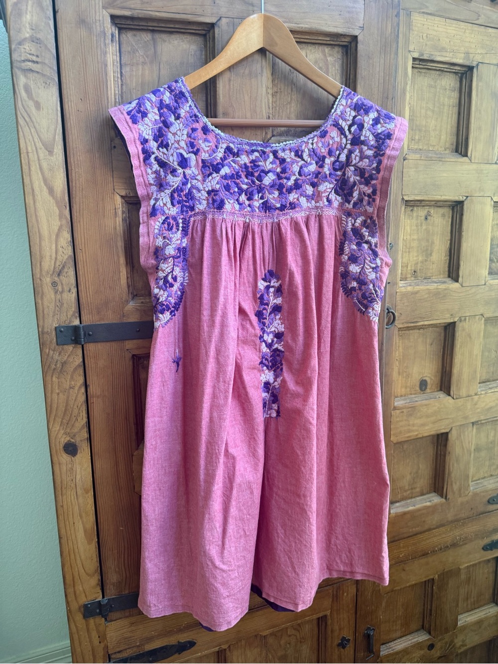 Mi Golondrina Pink Mini Dress with Purple Floral Embroidery